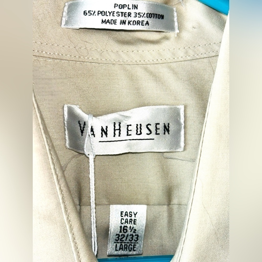 Van Huessen Men’s Large Beige Poplin Easy Care Casual Button Down Shirt - Picture 7 of 7
